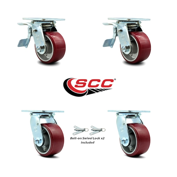 4 Inch Poly on Aluminum Caster Set with Ball Bearings 2 Brakes 2 Swivel Lock SCC